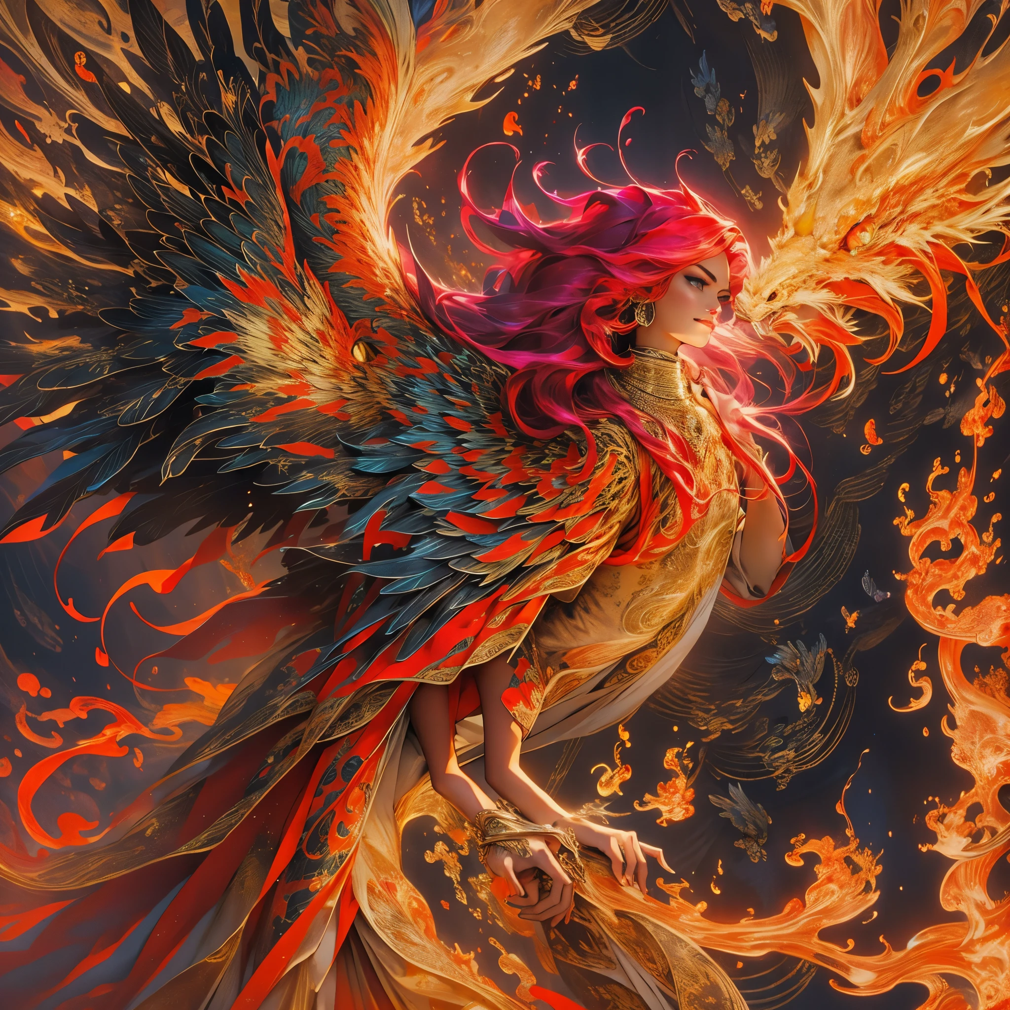 a phoenix, detailed phoenix, phoenix bird, phoenix with majestic wings, phoenix in flight, phoenix with fiery plumage, phoenix rising from the flames, phoenix in an ornate setting, phoenix with glowing eyes, phoenix perched on a branch, phoenix surrounded by swirling fire, phoenix against a dramatic sky, intricate phoenix illustration, phoenix in a fantasy landscape, phoenix with a powerful presence, phoenix with an intense gaze, phoenix with vibrant colors, phoenix with a sense of movement, phoenix in a mystical environment, phoenix with a powerful aura, (best quality, 8k, hyperdetailed, masterpiece:1.2), ultra-detailed, (realistic, photorealistic:1.37), cinematic lighting, dramatic colors, fantasy art