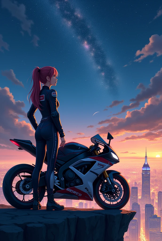 An anime woman in motorsport clothing watching the starry sky with the motorcycle at her side, standing on a cliff with a very well-lit and beautiful city with golden buildings.