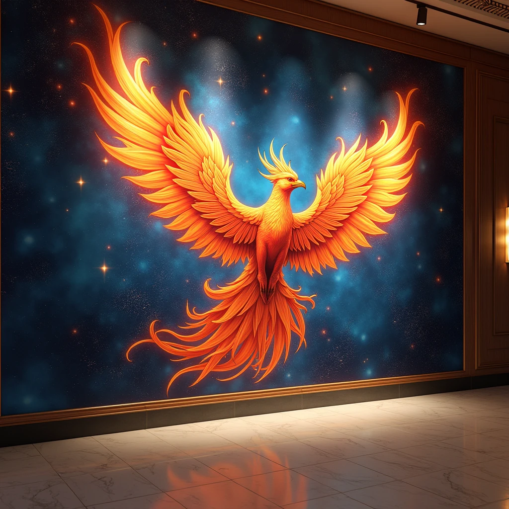 a moving phoenix and vast starry sky painted on the lobby wall. Beautiful cinematic lighting, surreal, color graded, dynamic movement, captivating chiaroscuro, full body, award-winning, cinematic still, emotional, vignette, dynamic, vivid, (masterpiece, best quality, photorealistic, Professional, perfect composition, very aesthetic, absurdres, ultra-detailed, intricate details:1.3)