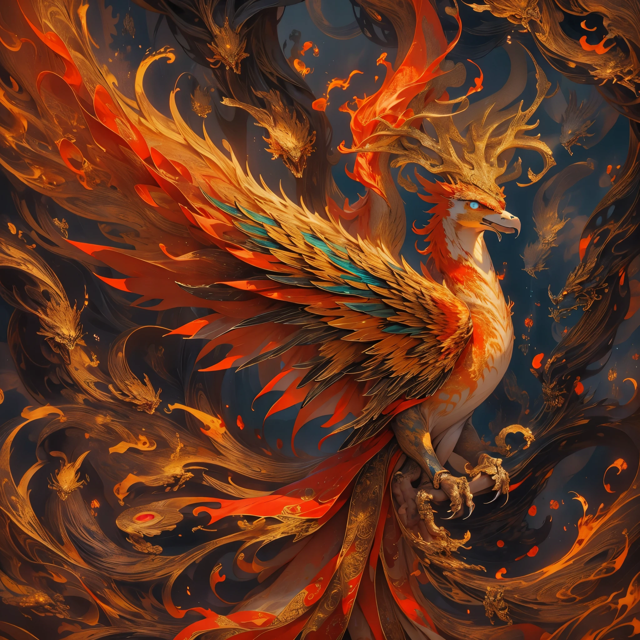 a phoenix, detailed phoenix, phoenix bird, phoenix with majestic wings, phoenix in flight, phoenix with fiery plumage, phoenix rising from the flames, phoenix in an ornate setting, phoenix with glowing eyes, phoenix perched on a branch, phoenix surrounded by swirling fire, phoenix against a dramatic sky, intricate phoenix illustration, phoenix in a fantasy landscape, phoenix with a powerful presence, phoenix with an intense gaze, phoenix with vibrant colors, phoenix with a sense of movement, phoenix in a mystical environment, phoenix with a powerful aura, (best quality, 8k, hyperdetailed, masterpiece:1.2), ultra-detailed, (realistic, photorealistic:1.37), cinematic lighting, dramatic colors, fantasy art