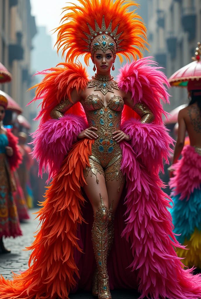Carnivale, a party of people in body paint costumes dance in the street, a heavy rain has hit, they dancers continue without stopping. Festive, colorful, joy