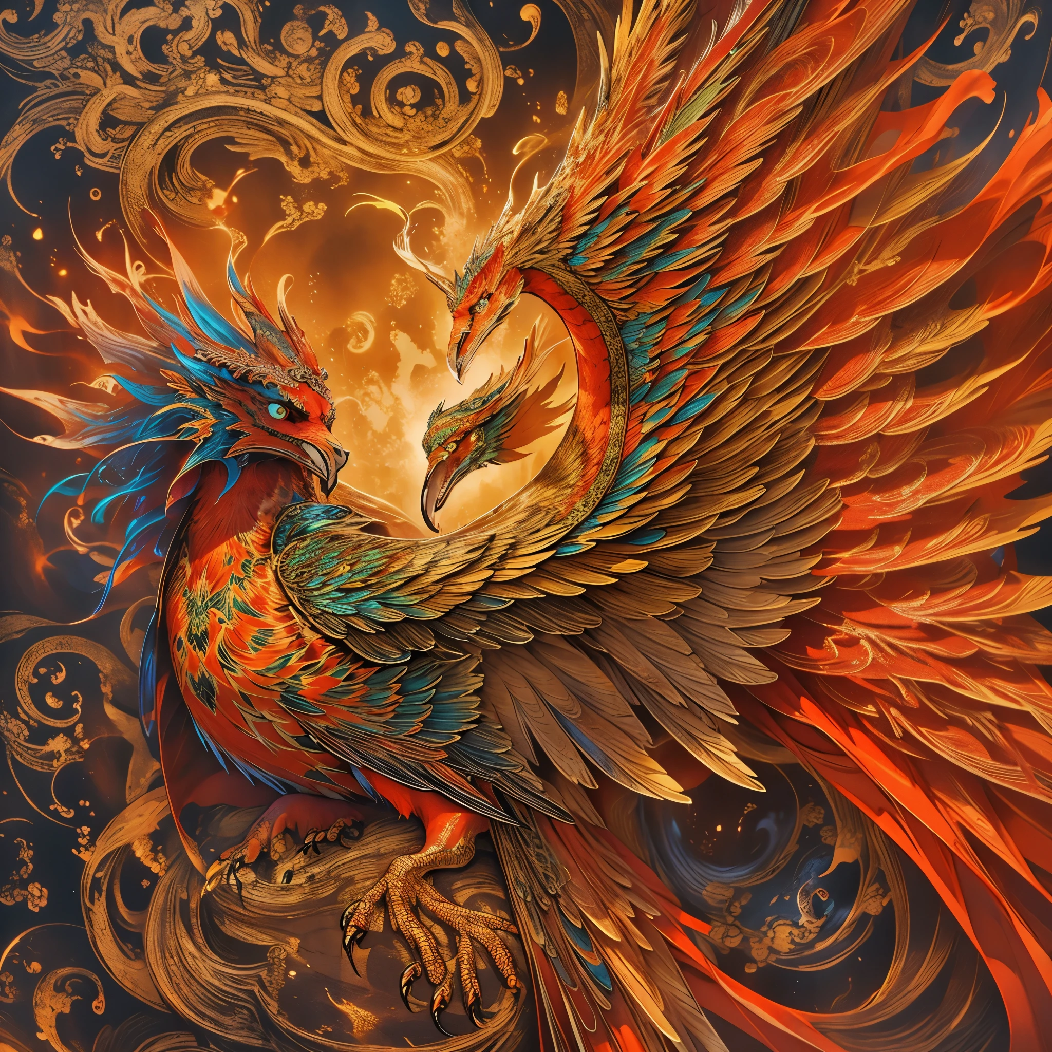 a phoenix, detailed phoenix, phoenix bird, phoenix with majestic wings, phoenix in flight, phoenix with fiery plumage, phoenix rising from the flames, phoenix in an ornate setting, phoenix with glowing eyes, phoenix perched on a branch, phoenix surrounded by swirling fire, phoenix against a dramatic sky, intricate phoenix illustration, phoenix in a fantasy landscape, phoenix with a powerful presence, phoenix with an intense gaze, phoenix with vibrant colors, phoenix with a sense of movement, phoenix in a mystical environment, phoenix with a powerful aura, (best quality, 8k, hyperdetailed, masterpiece:1.2), ultra-detailed, (realistic, photorealistic:1.37), cinematic lighting, dramatic colors, fantasy art