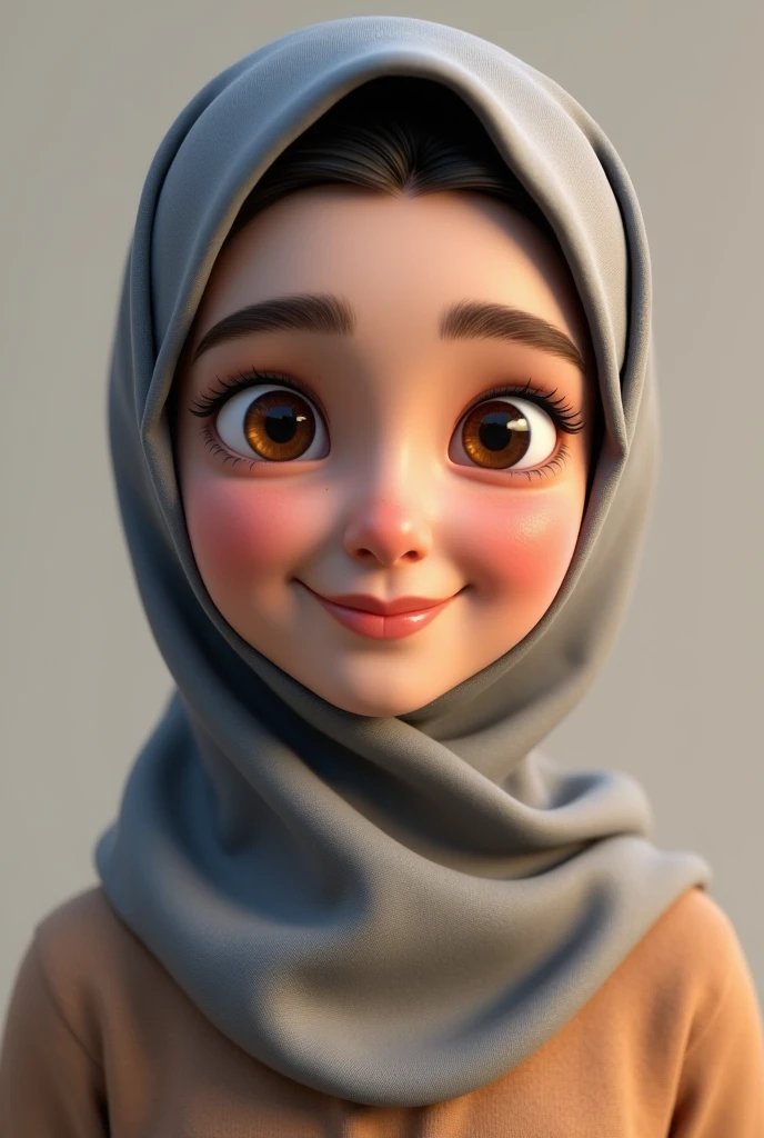 A emma myers,perfect eyes,with brown hijab,medium body, wink expression, nice smile, 3d render
