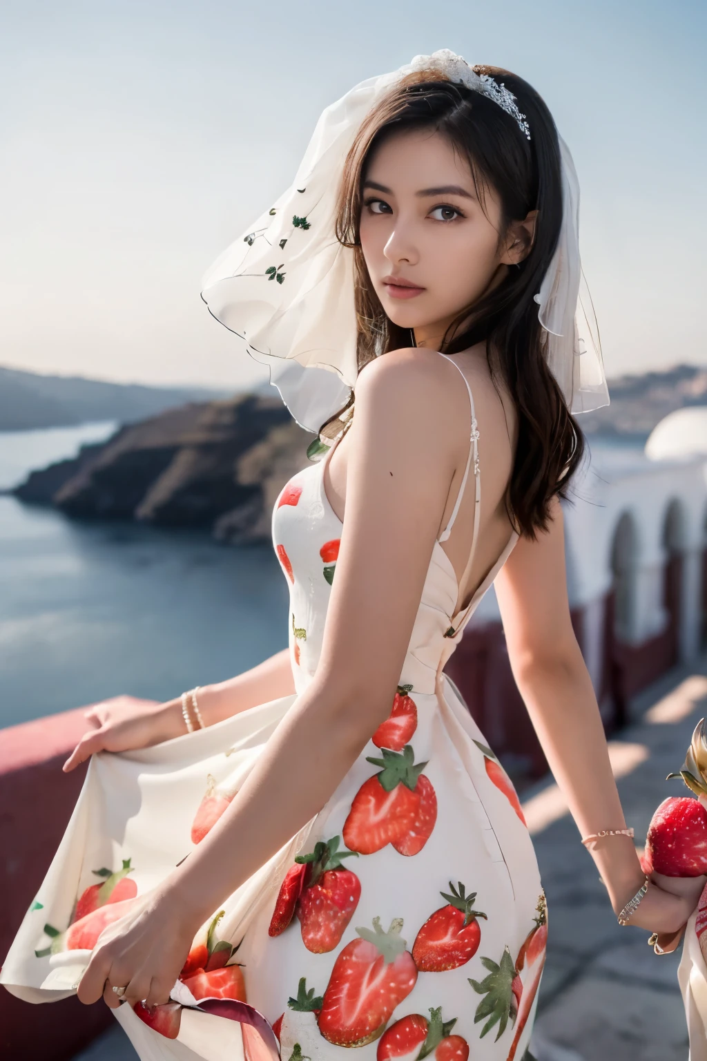 ((masutepiece:1.4, Best Quality)), (photos realistic:1.4), ((1girl in)),
(超A high resolution:1.2), Extremely delicate and beautiful, amazing, finely detail, the Extremely Detailed CG Unity 8K Wallpapers, Ultra-detailed, High resolution, Soft light,
Beautiful detailed girl, extremely detailed eye and face, beautiful detailed nose, Beautiful detailed eyes,
(wearing a strawberry print wedding dress...:1.4), Lustrous black hair, Taut,
Cinematic lighting, Perfect Anatomy,
Slender body, Standing in front of a church in Santorini, Aegean Sea, (plein air:1.3), Cute poses, Cowboy Shot