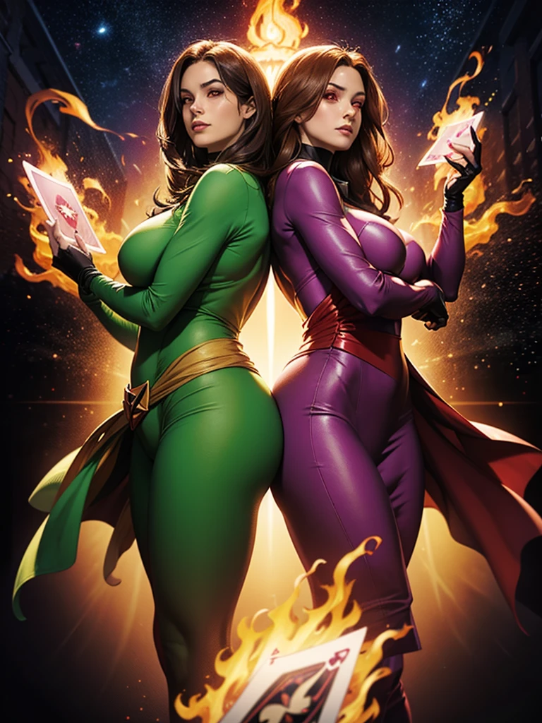 2 characters, Gambit from X-men, Jean Grey from X-men, Gambit and Jean Grey stand back to back, BREAK: Gambit wears a bespoke tuxedo, holding "The Tower" Tarot card that glows with energy, smirking expression BREAK: Jean Grey wears a red bodycon dress, holding a modern heavy pistol made of flames, BREAK: they stand back-to-back in an action pose, they are set against a starry cosmic void with a swirl of energy at their feet, BREAK: 16k, award winning digital art, detailed faces, vivid colors, studio lighting, sharp focus, physically based rendering, detailed eyes, beautiful detailed hands, best hands, perfect hands, correct anatomy, human anatomy 