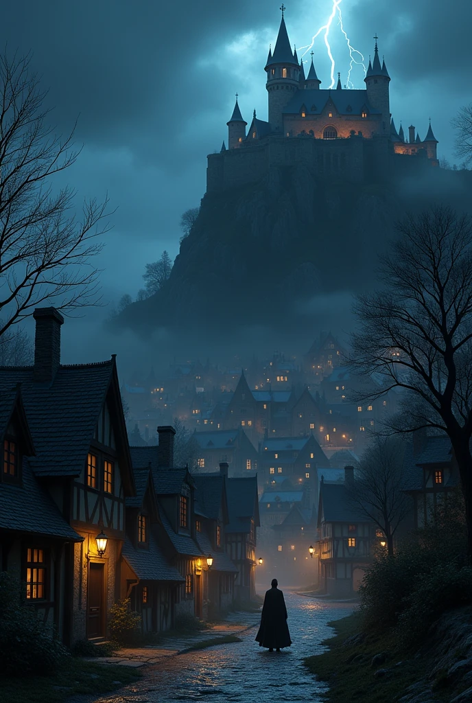 a small medieval gothic town with lights only inside the buildings and some even completely dark, behind and on top of a cliff is a vampire count in front of his dark and spooky castle on top of a high hill and under a dark sky with one lightningbolt glooming in the night
