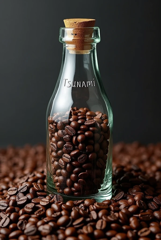 A coffe glass bottle named tsunami at 
coffee beans 
