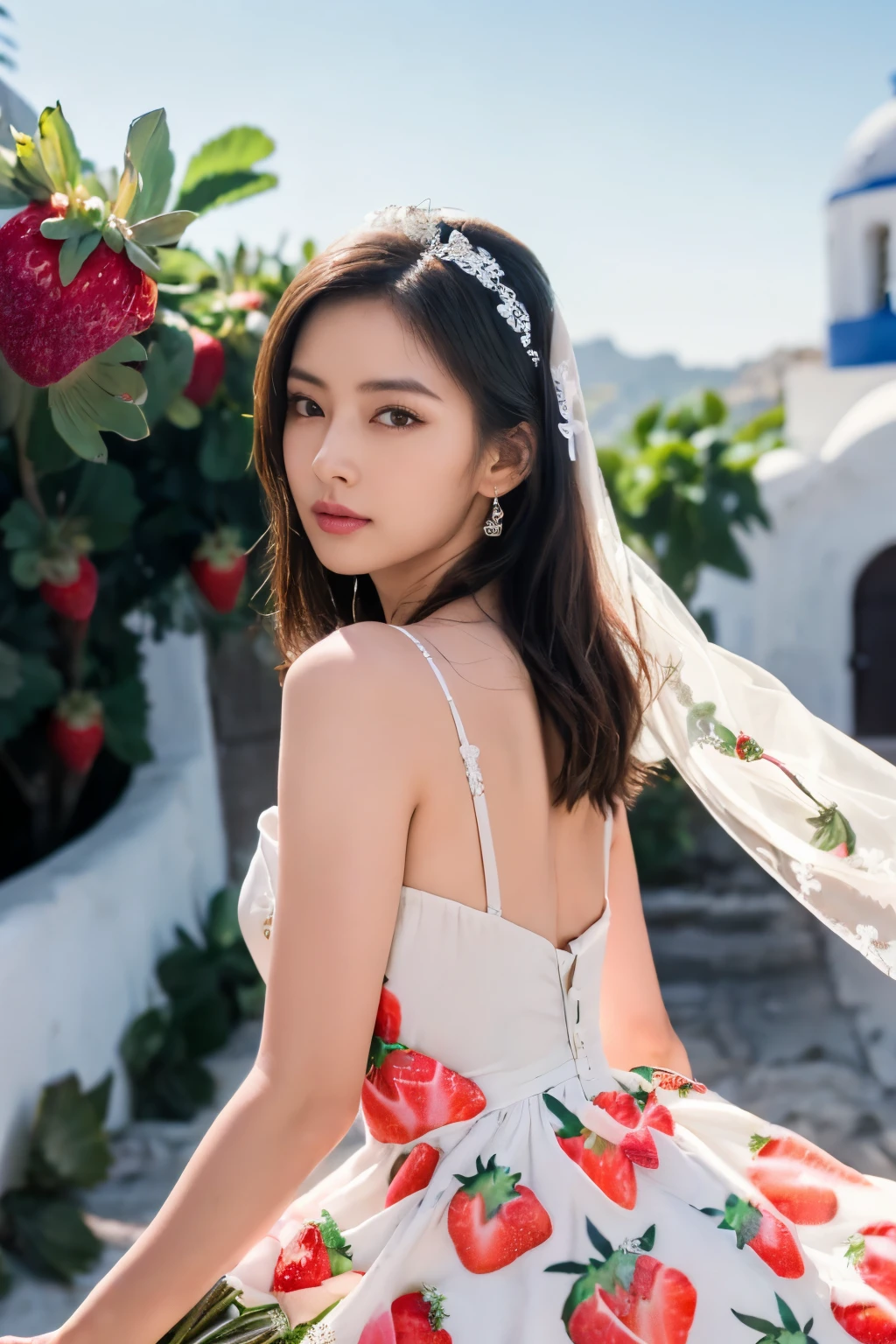((masutepiece:1.4, Best Quality)), (photos realistic:1.4), ((1girl in)),
(超A high resolution:1.2), Extremely delicate and beautiful, amazing, finely detail, the Extremely Detailed CG Unity 8K Wallpapers, Ultra-detailed, High resolution, Soft light,
Beautiful detailed girl, extremely detailed eye and face, beautiful detailed nose, Beautiful detailed eyes,
(wearing a strawberry print wedding dress...:1.4), Lustrous black hair, Taut,
Cinematic lighting, Perfect Anatomy,
Slender body, Standing in front of a church in Santorini, Aegean Sea, (plein air:1.3), Cute poses, Cowboy Shot