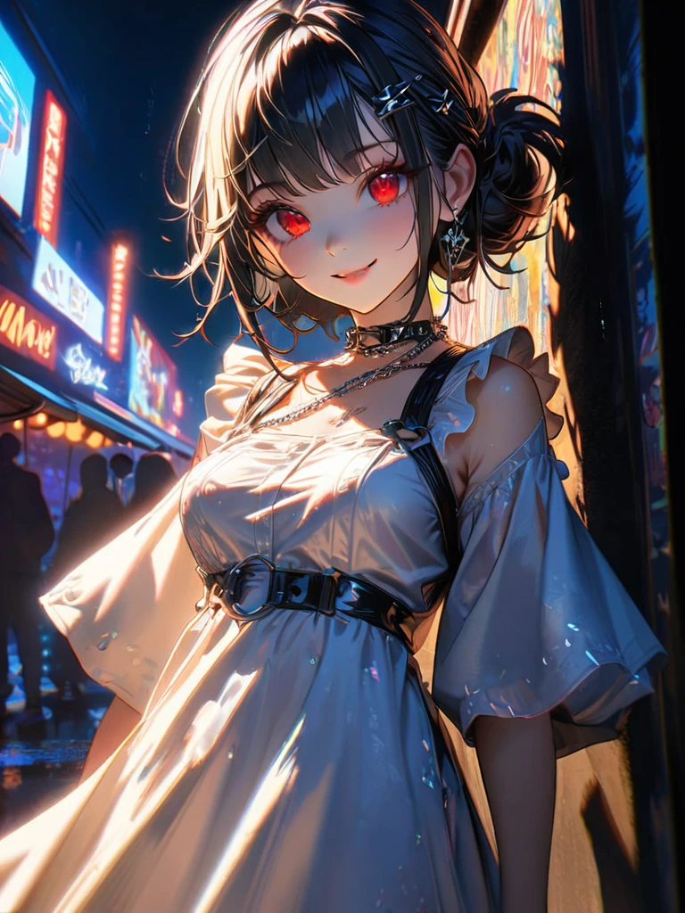1 person, chromatic aberration, Written boundary depth, Soft Light, masterpiece, Highest quality, complicated, Tone Mapping, A place where fireworks are set off at festivals. Concept Art, Smooth, Clear focus, Dramatic lighting, Very cinematic, super practical painting, アートステーション's trending, 8k, Incredible Shadows, practical, whole body, View, Viewers, Portrait of a Girl 1, standing on street corner, Heavy rain and lightning、Dark Sky, neon and cyber punk background, she is dressed in punk clothing with silver chains and silver spikes, Her hair was dyed a bright black color..........Ominous aura of light, smile, punk, ciber punk, Backlight.Fashionable clothes、Friendly dress code:wearing cute white dress.My breasts are a little big.Beautiful red eyes