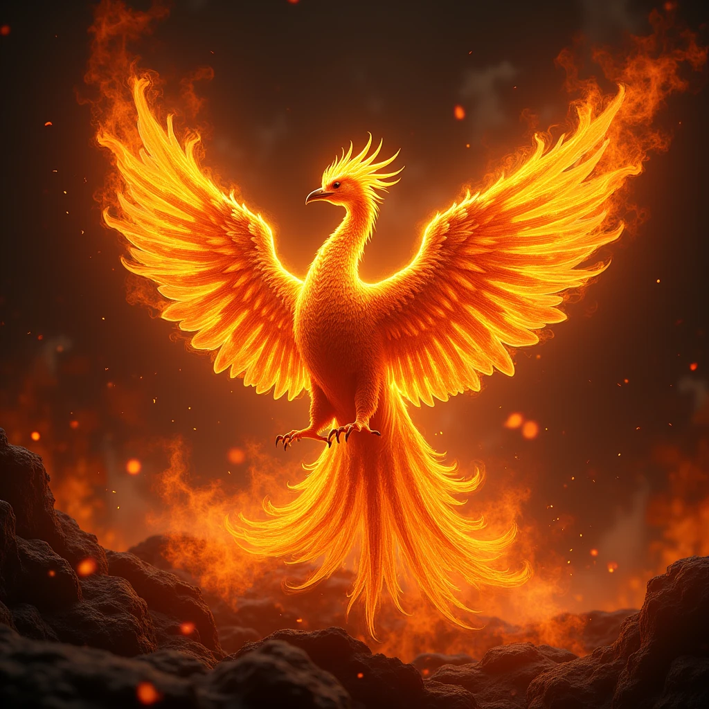 black light poster art, design a captivating art piece featuring the essence of a mythical fire phoenix, with its feathers ablaze in radiant hues, surrounded by swirling flames and symbols of rebirth and transformation, octane render, enhance. Beautiful cinematic lighting, surreal, color graded, dynamic movement, captivating chiaroscuro, full body, award-winning, cinematic still, emotional, vignette, dynamic, vivid, (masterpiece, best quality, photorealistic, Professional, perfect composition, very aesthetic, absurdres, ultra-detailed, intricate details:1.3)