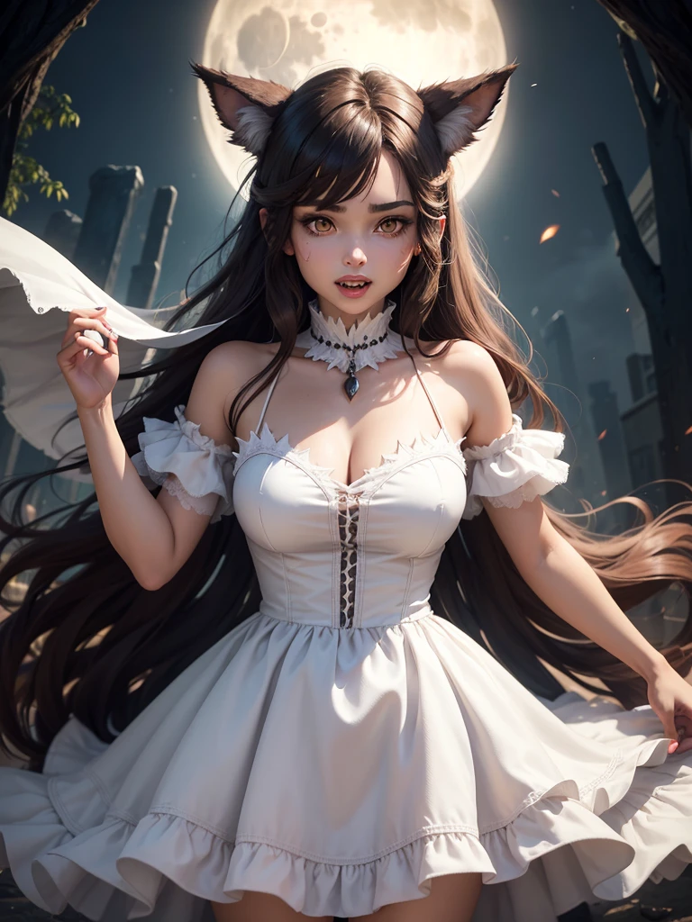 A female with werewolf ears, fangs, white werewolf dress,dark place,fullmoon brown hair