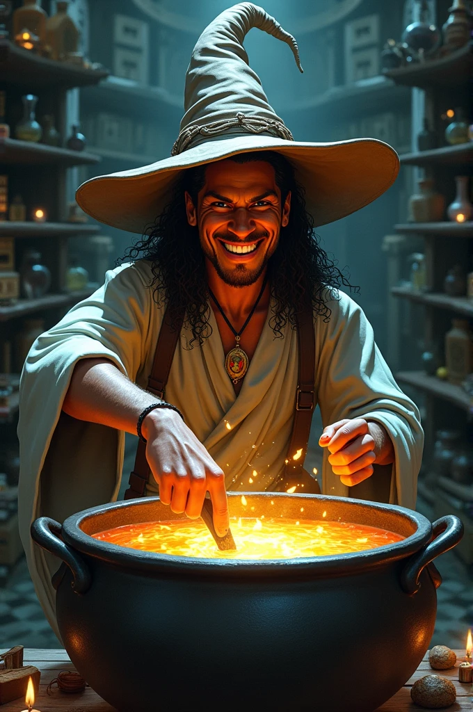 Create an image of the football player Ronaldinho Gaúcho wearing a wizard's hat and stirring a cauldron of magical potions, reflecting his nickname 'Bruxo'. The wizard's face must be that of the former player Ronaldinho Gaúcho. In the environment of the image, there should be a witch's cauldron where Ronaldinho Gaúcho is preparing a magical potion. The purpose of this creation is to highlight all of Ronaldinho's qualities as a football player, which earned him the nickname 'Bruxo'.