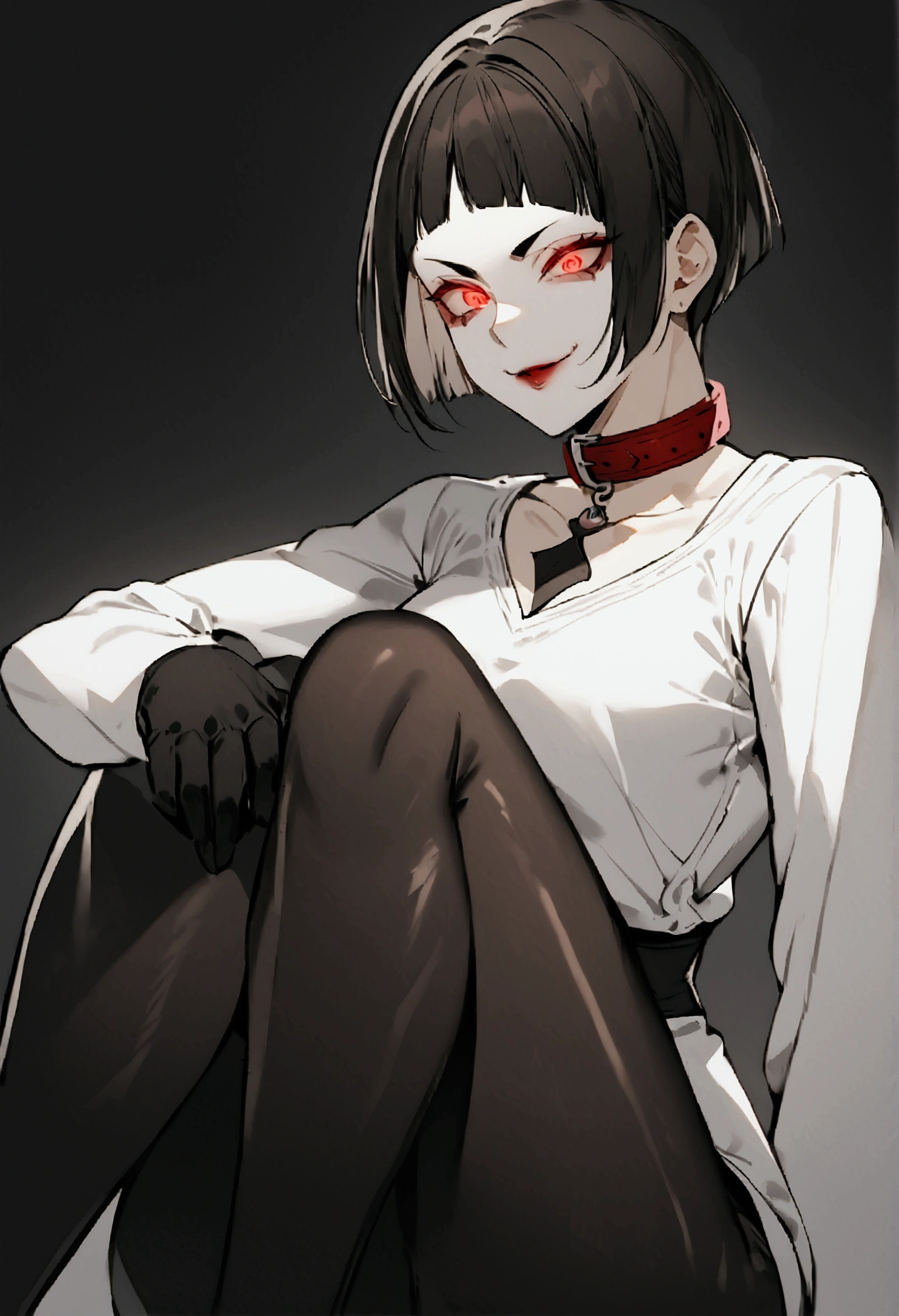 The eyes,fully body,sitting with legs open,alone,short hair,work of art,face detailed,young fitness linda,Wearing black pantyhose,tight white sweater with collar ,neckleace,evil smile,red eyes glowing,labiaa,eye shadow,bangs on the eyes,black gloves,usando The eyes