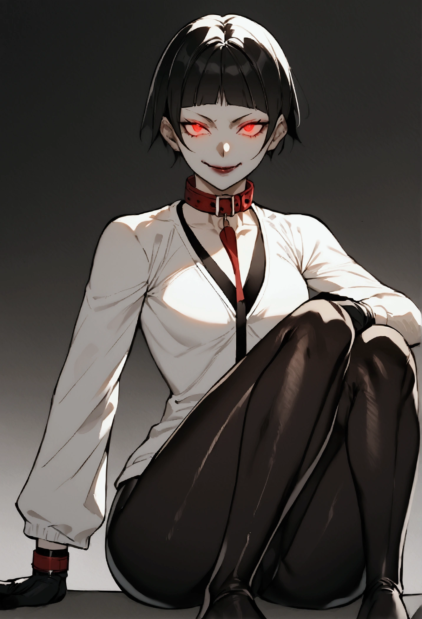 The eyes,fully body,sitting with legs open,alone,short hair,work of art,face detailed,young fitness linda,Wearing black pantyhose,tight white sweater with collar ,neckleace,evil smile,red eyes glowing,labiaa,eye shadow,bangs on the eyes,black gloves,usando The eyes
