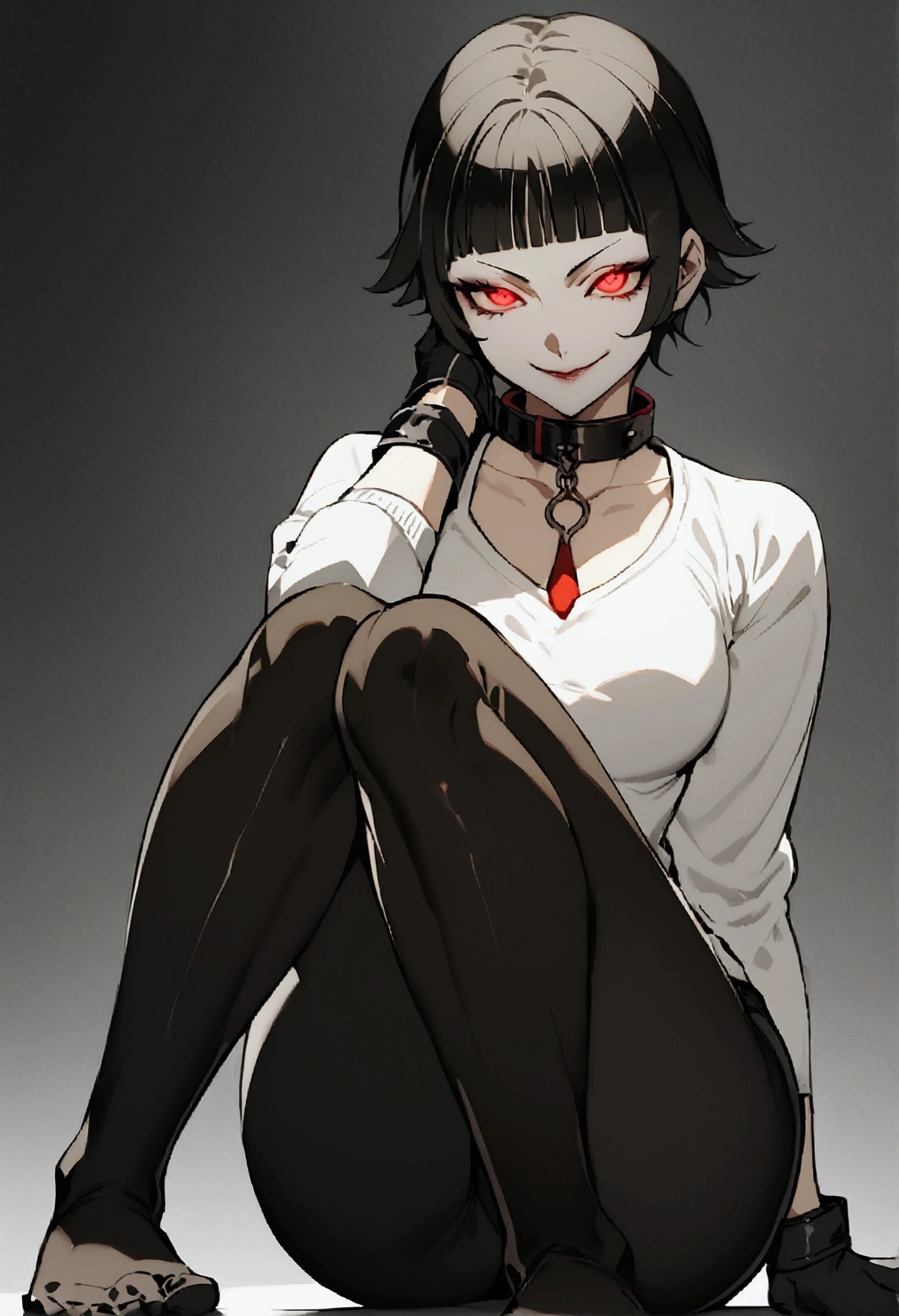 The eyes,fully body,sitting with legs open,alone,short hair,work of art,face detailed,young fitness linda,Wearing black pantyhose,tight white sweater with collar ,neckleace,evil smile,red eyes glowing,labiaa,eye shadow,bangs on the eyes,black gloves,usando The eyes
