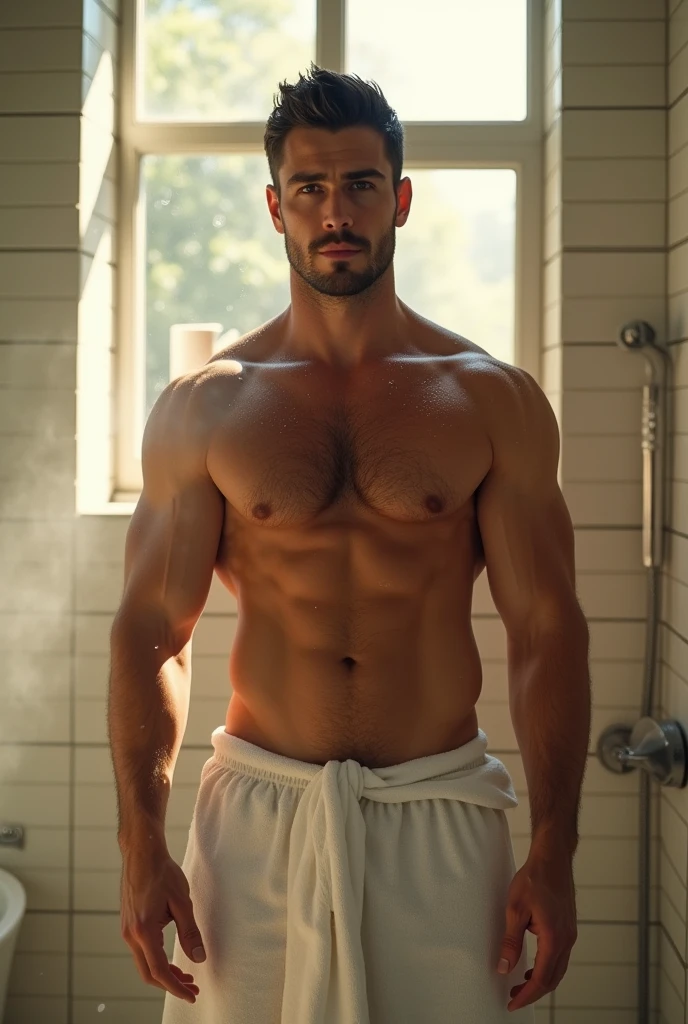 A shirtless men wearing a towel in the bathroom wet