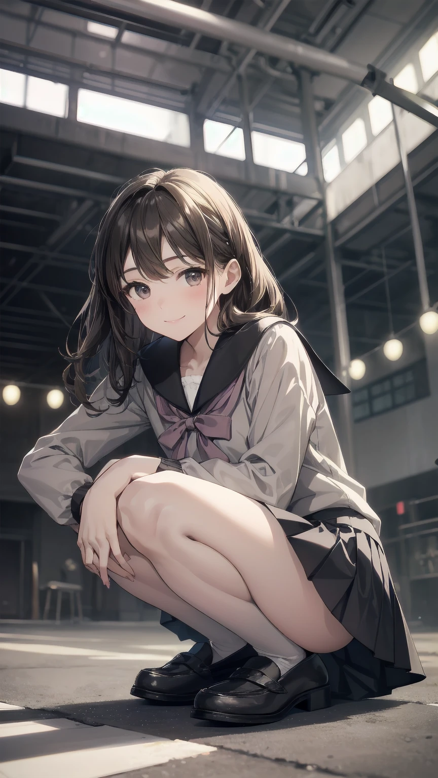 (msfw:1.4), (Realistic, photo Realistic:1.2), ((Highest quality)), Shift the center of gravity backwards, Quite embarrassing, White panties, (Showing panties:1.4),Tight Skirt, (Panty shot:1.3), (Roll up your skirt:1.3), (Squat:1.4), (Spreading pussy:1.2), Place your heels on the ground, Please spread your legs a little, Squat with your knees up, Attach your butt to the ground, Black Penny Loafers, Beautiful facial details, Real human skin, Gentle expression, Front view, angle From below, Realistic, photoRealistic, cute, Short skirt, Squat deep on school grounds, cute school girl, Semi-long hair, Lustrous brown hair, Braided hair, Japanese school girl uniform, Sailor suit, whole body, smile, 自然なsmile, cutesmile, 魅惑的なsmile, (Looking at the audience:1.2), from before, From below,