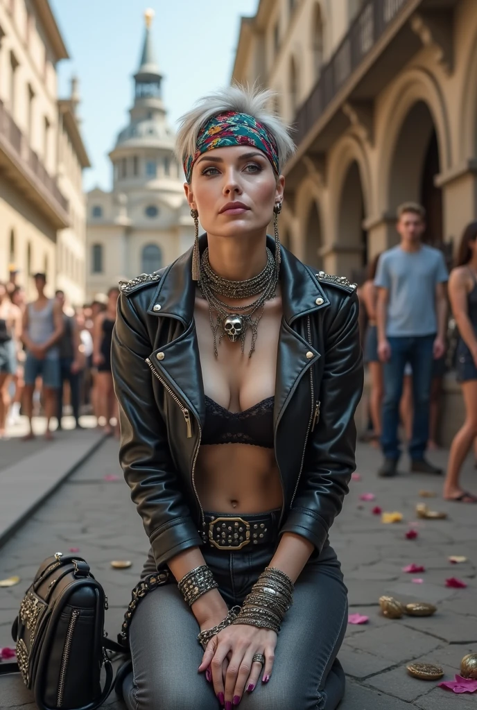 russian milf woman, grey hair (middle part) and wide colourful bandana as headband, with very light blue eyes, extremely pale. Wearing studded cropped black moto jacket with lots of zippers and pins, black push up bra with white seams , dark skinny blue jeans and pointy silver Chelsea boots with cuban heels . Studded Choker. Lots of metallic bracelets and collars. Tacky wide studded leather belt with oversized skull and bones buckle. Long bohemian earrings. Kneeling like in a payer, looking at the camera, humble facial expression. Hands on her knees, showing off bracelets and rings. studded black leather tote bag with chains on the floor, next to her.. Listening in amazement to somebody speaking to her, toned six pack abdominals, thin neck, slim legs and thin arms. Tattoed heavily. A lot of people around looking at her, next to her, all her belongings on the floor