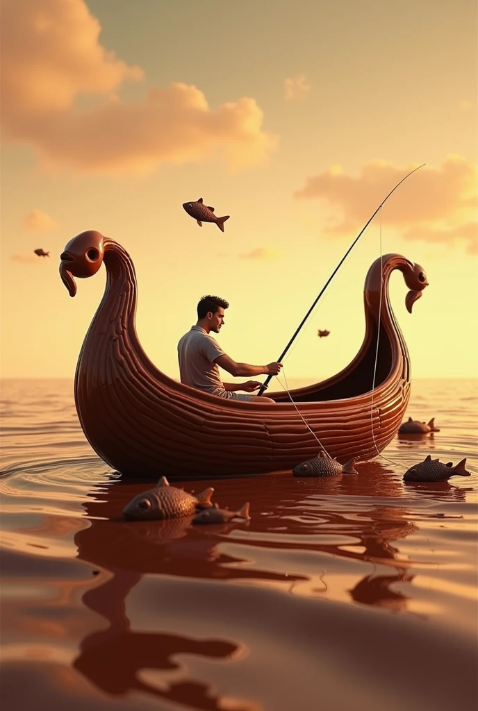 a chocolate boat with a man in the chocolate sea fishing for chocolate fish that is the 2 million dollar boat