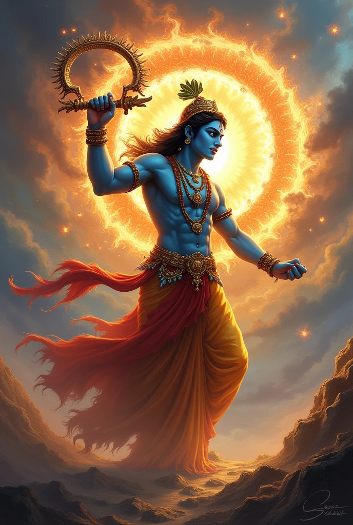 God Sri Krishna in Mahabharata battle ground in very engry mode using sudarshan chakra