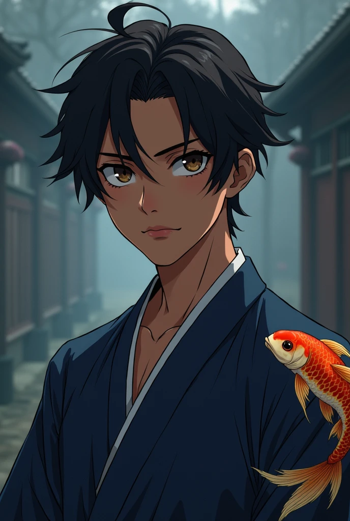 Male character Teenager with brown skin and black hair slicked back, dark brown eyes, wearing a dark blue kimono with a goldfish print, demon slayer anime style