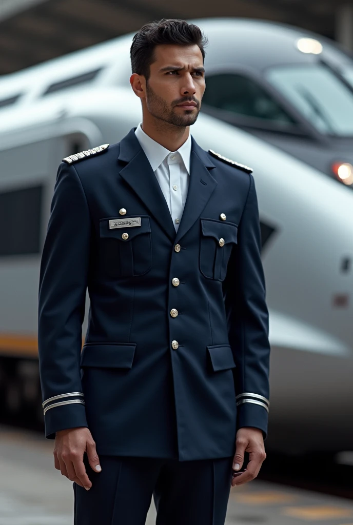 Design a loco pilot uniform of a bullet Train  not with helmet male Uniform in india
