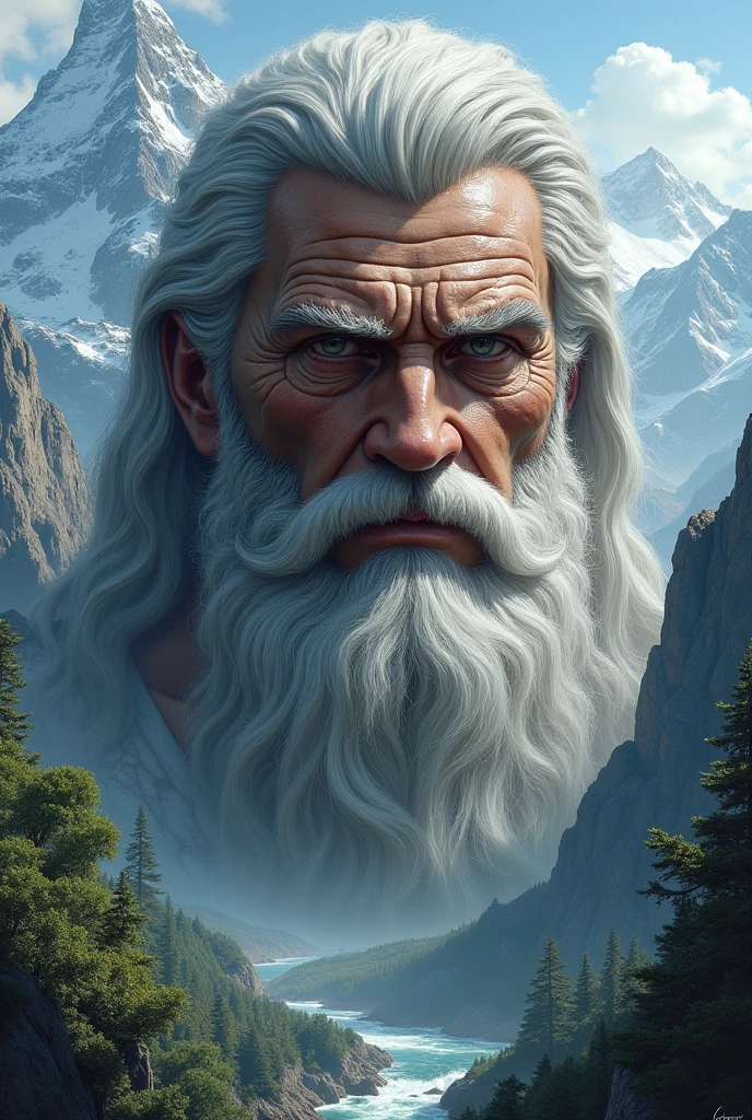 a close up of a face on a mountain, by Alexander Kucharsky, fantasy art, sylvain sarrailh and igor morski, portrait of rugged zeus, amidst nature, award-winning fantasy art