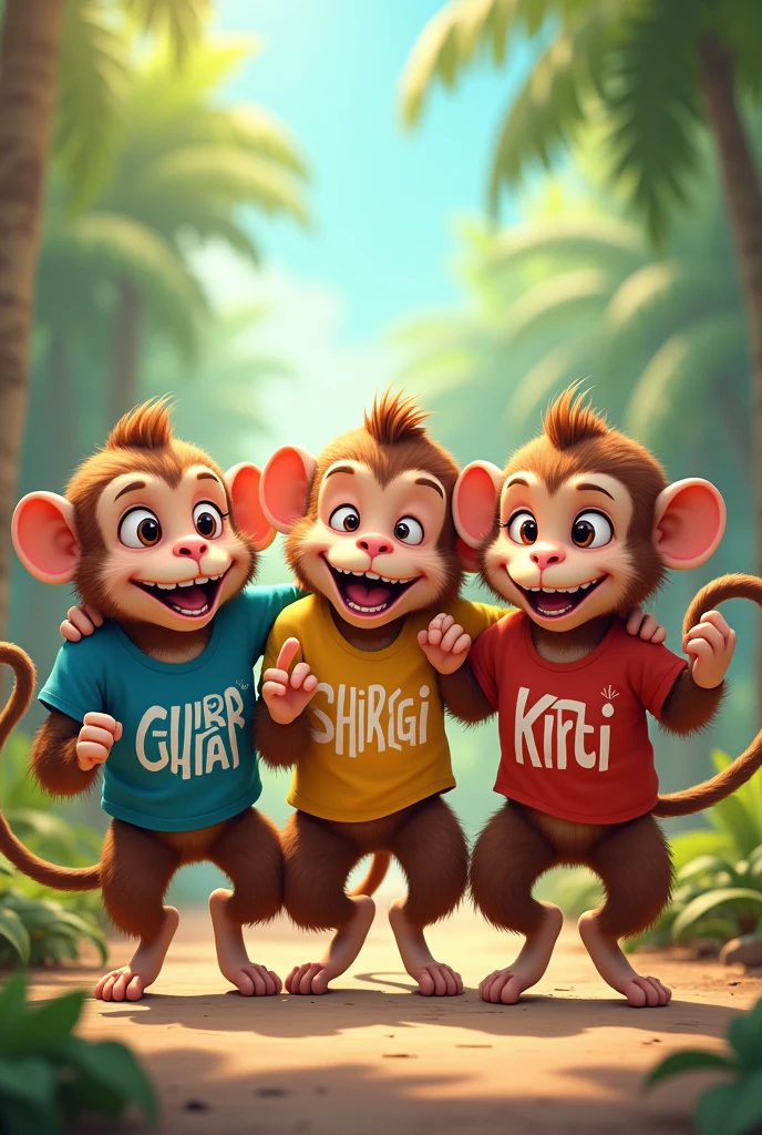 Four monkey friends named "Gaurav" "Shubhangi" "Ankit" and "Kirti" written on their tshirt