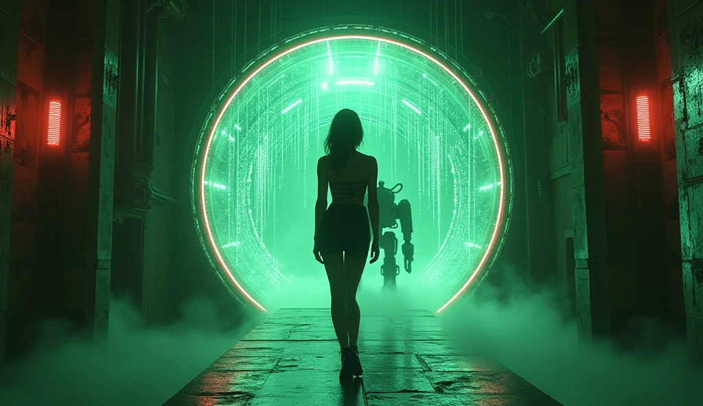 (Analog photography.1950 style) a portal to the matrix, a figure of an ultra hot gorgeous European woman.age 23. Voluptuous hourglass body. Epic cleavage. (100 E size).standing in the center of a glowing, futuristic portal, intricate cyberpunk architecture, neon lighting, glowing digital matrices, volumetric fog, cinematic lighting, hyper-detailed, 8k, photorealistic, dramatic, sci-fi, moody, dark colors. 1930 clunky rusty evil war robot in background.