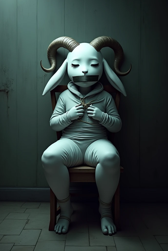 Draw Toriel from Undertale tied to a chair with her eyes closed and her mouth taped
