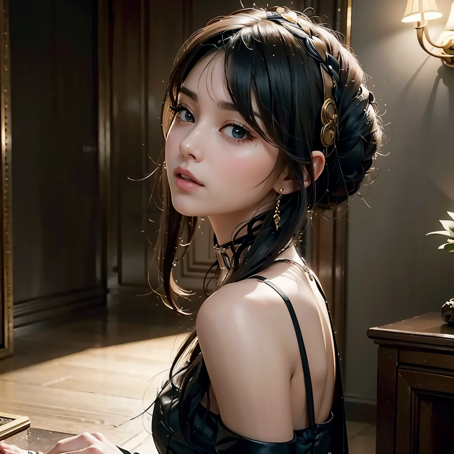 a beautiful russian woman in her 20s, light brown hair, fine white skin, attractive face, tight waist, cleavage, smiling kindly, active posing, detailed eyes, beautiful detailed nose, beautiful detailed lips, long eyelashes, perfectly balanced body, (best quality,8k,highres,masterpiece:1.2),ultra-detailed,(realistic,photorealistic,photo-realistic:1.37),HDR,UHD,studio lighting,ultra-fine painting,sharp focus,physically-based rendering,extreme detail description,professional,vivid colors,bokeh,portrait,seductive gaze, black clothes,(((battle,Gunfight,combat readiness))),defeat the enemy