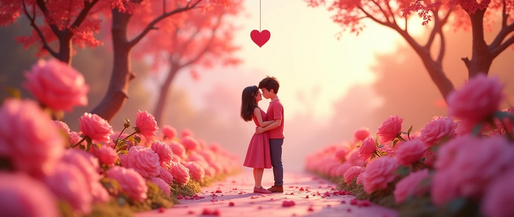 3D colorful scenery in front a 3D dating couple with a bunch of roses in front in 3D 3D heart