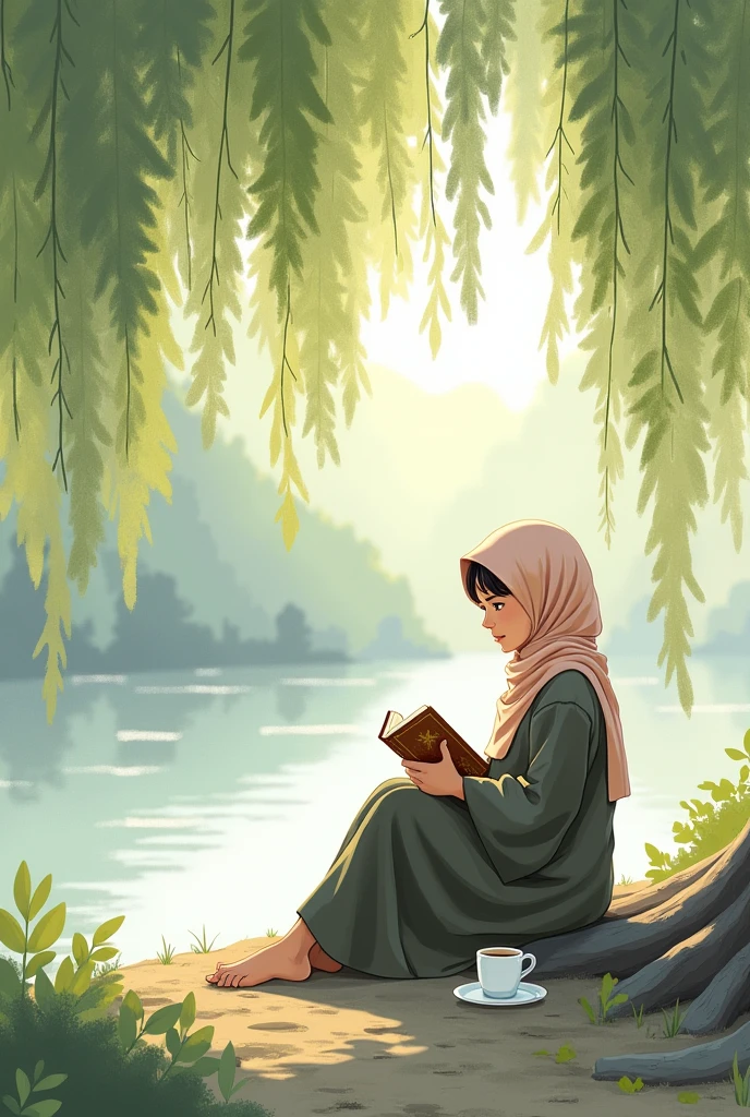 generate illustration of muslim girl with book and tea near the willow trees near river.. serene vibe