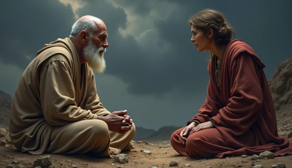 "Create an image that represents the biblical scene from Job 2:10, where Job responds to his wife. Show Job sitting on the ground, covered in wounds and sores, with a serene and firm expression, despite his suffering. He is talking to his wife, who is standing beside him, still with an expression of anger and despair. Job looks at her calmly and determinedly., transmitting your unshakable faith. The surrounding scenery is desolate and gloomy, with a dark sky and heavy clouds, reflecting the environment of suffering. Job's attitude is one of resignation and wisdom, as he responds to his wife with words of faith, accepting both the good and the evil that comes from God."with his shaved white head an elderly gentleman