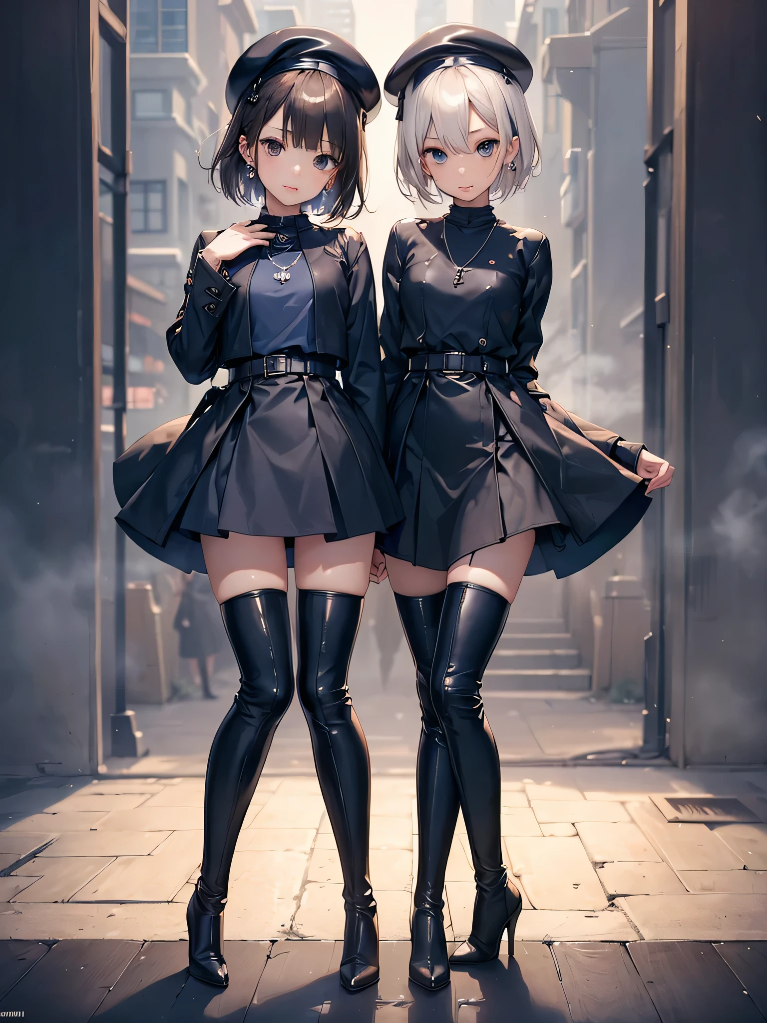 ((Biologically correct limb count)),(( From head to toe,Full-body photo including face)),4K,masterpiece,((Focus on the face)),((Symmetrical facial features)),Eyes with detailed description,Beautiful woman,Great style,Beautiful arms,Beautiful legs,Beautiful Hands,(Small Ass,Thin thighs),Detailed depiction of the face,Small earrings,necklace,(Navy leather clothes,skirt((High heels,Thigh-high boots))),Fantastic photos,Short Hair,Stand at an angle,Meeting,Alluring,beret,(Outdoor,A foggy early morning in Tokyo;1.2),Sitting
