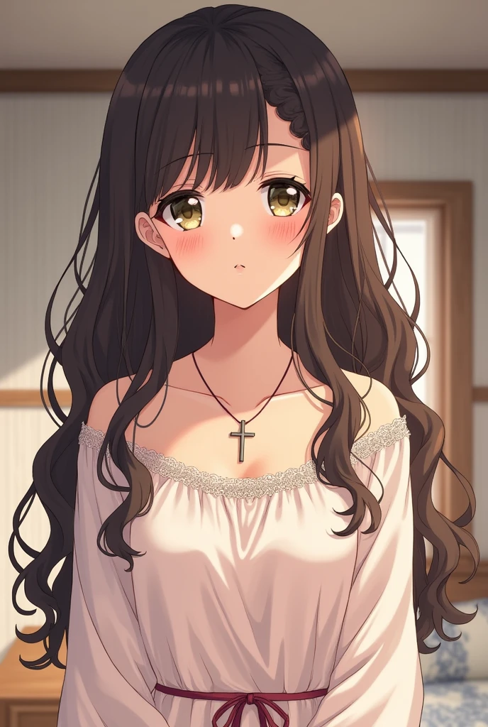 A manga high school girl dressed in an elegant and modest dressing gown in her room. She has dark brown hair, longs, curly and thick, she has a part in the middle of her head and no bangs. His eyes are brown-green. She wears a small Christian cross around her neck., she stands straight and facing forward. She is very tall