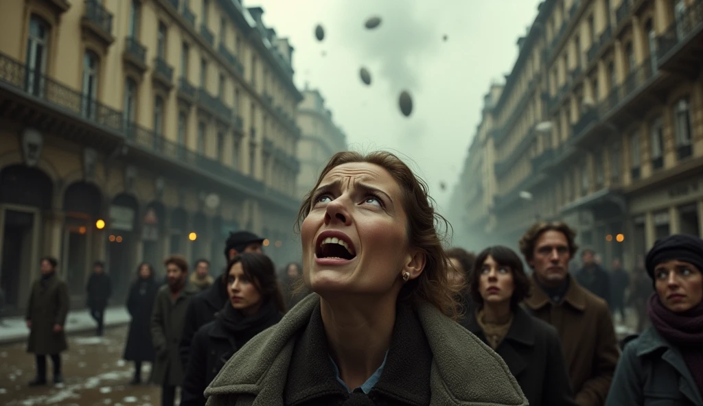 1912; (masterpiece, best quality) destroyed city (Paris)scared 1people looking up(close-up); bombs falling from the sky.