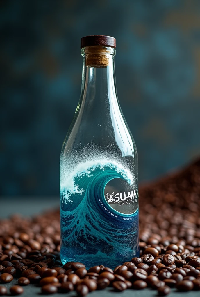 A coffee
 glass bottle named tsunami at 
coffee beans 
