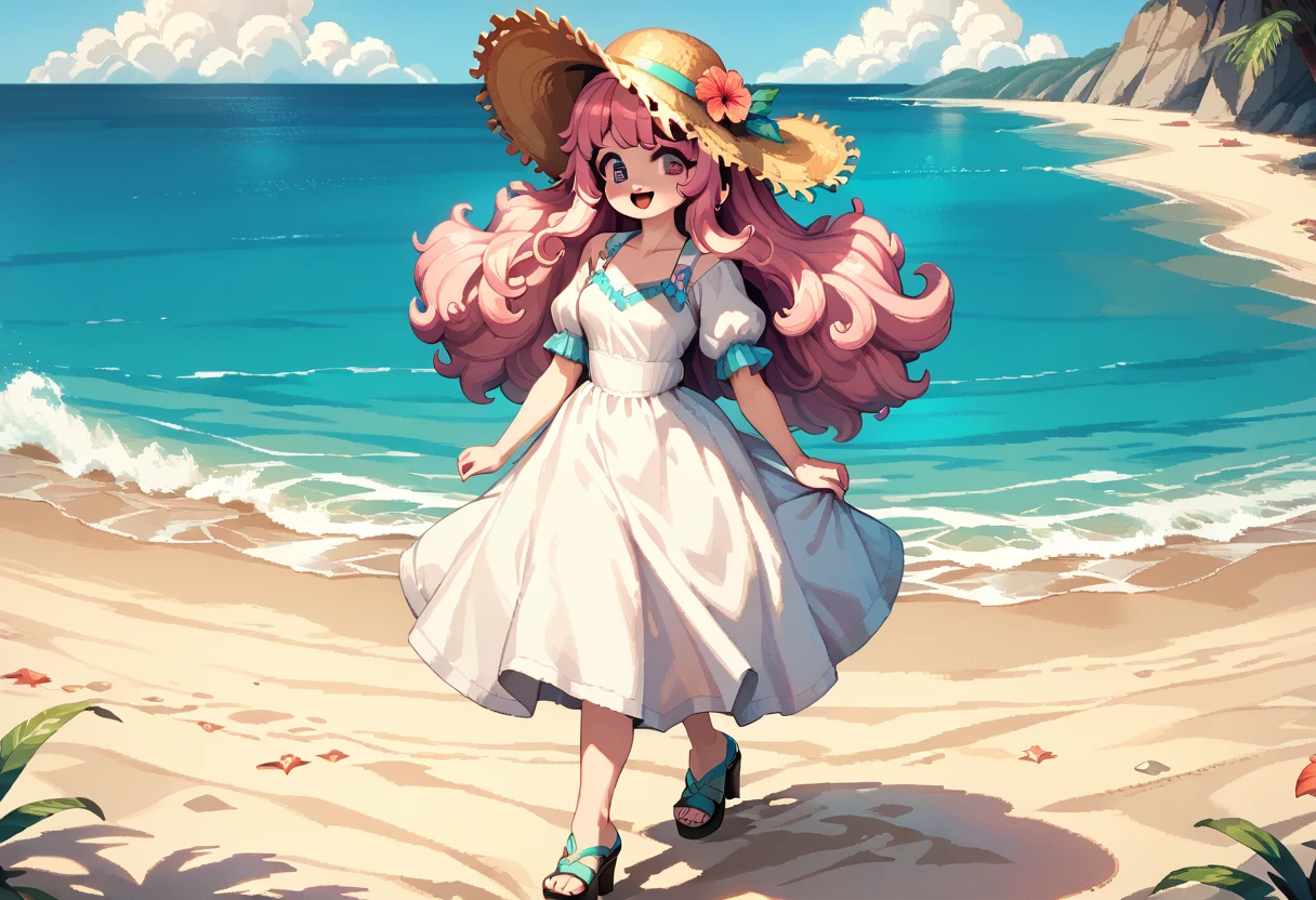 masterpiece, Highest quality, 8k, \(Pixel art, Vivid, Highest quality\), \((One person)), (young woman, Open your mouth, Fluffy hair, Long Hair, Hair like sheep's hair, Pink Hair, eyebrow, 太いeyebrow, White dress, Straw hat, High heel sandals\), (Highest quality:1.0), (\Seaside, Walking on the beach, evening\), One Alpaca