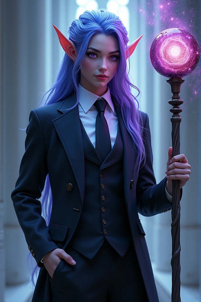in a suit with galaxy eyes, purple and blue hair and horns, elf ears, holding a staff with a mini galaxy on the tip