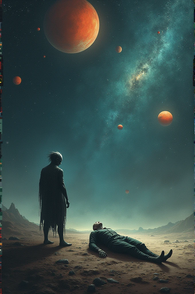 Galaxy background with scattered planets and in one is an impostor amoug next to a body of a dead amoug 