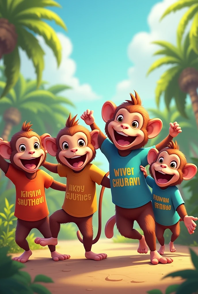 Four monkey friends named "Gaurav" "Shubhangi" "Ankit" and "Kirti" written on their tshirt