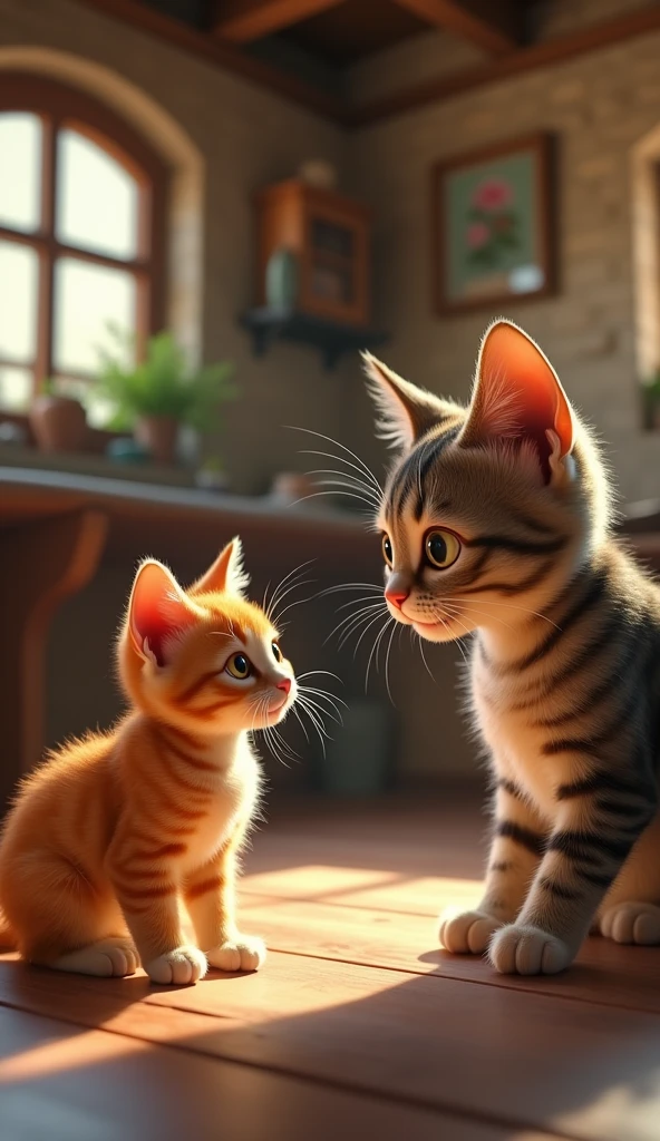 make me a realistic photo in a small village, The mother cat approached the orange kitten in the house, and showed a surprised face