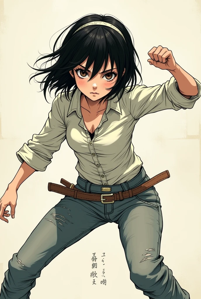 Draw a girl in the style of Tatsuki Fujimoto in manga style