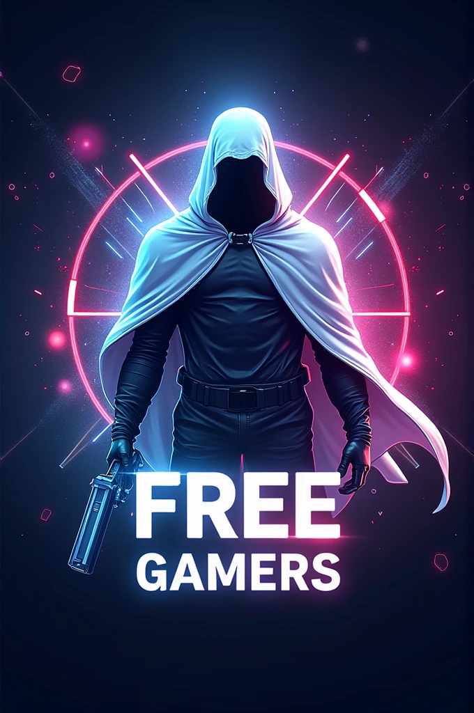 Create a logo where you capture many modern lights with a man in a white cape in the background with a transparent weapon and with a sign at the bottom that says (FREE GAMERS)
