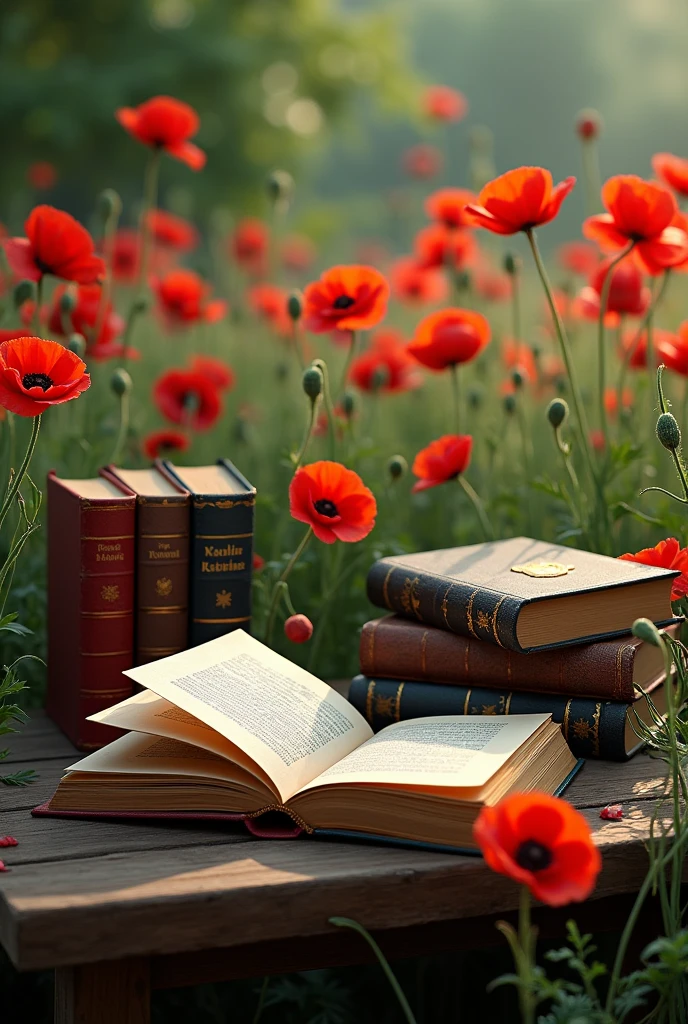 Several books were placed and opened on a table with a garden of poppies.