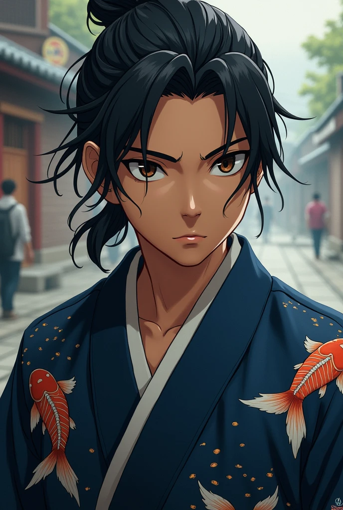 Male character r with brown skin and black hair pulled back, dark brown eyes, wearing a dark blue kimono with a goldfish print, demon slayer anime style