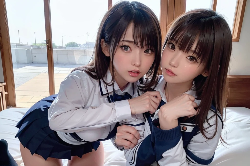 (8K, Raw photography, top-quality, ​masterpiece:1.2), master piece, best quality, illustration, Super detailed, fine details, High resolution, 8K,wall paper, perfect dynamic composition,(Details High quality, realistic depiction of eyes:1.3), ((2 girls, 2 schoolgirls)), The background is a luxury hotel room、High school girl uniform、blazer 、Super Short Check Uniform Skirt、Navy blue high socks、garterbelts、Colossal tits、Disturbed uniform, Play with each other,Touching each other's bodies,Touching the body of the girl next door,  medium breasts, Big Natural Color Lip, bold sexy pose, (perfect body shape), crying a little、cold gaze, Beautiful makeup,glitter makeup,Cutest 1, beautiful legs, hposing Gravure Idol, Voluptuous thighs