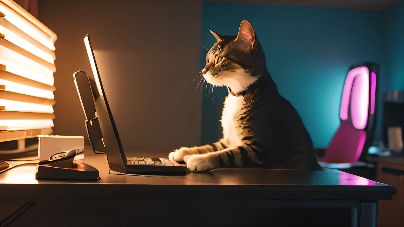Realistic photos、4K, 8k,masterpiece, A cat screams while operating a computer, on the desk, (neon),engineer,Gaming, vivid
