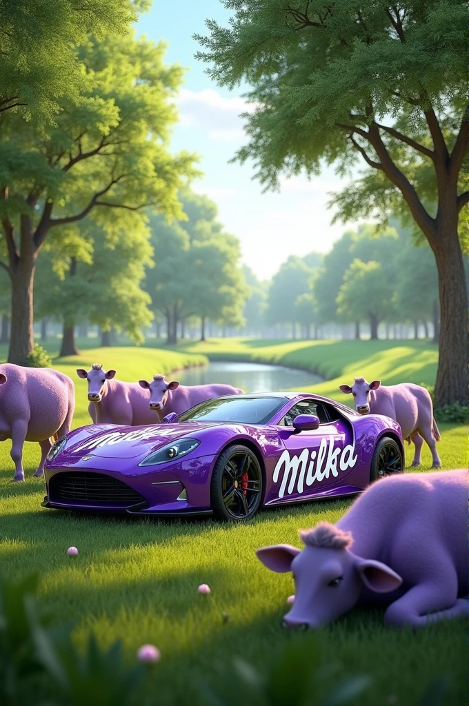 a park with a car that says milka and has cows with milka